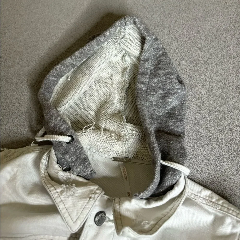 Free People White and Grey Jean Jacket Distressed Denim Detachable Hood Size XS - Picture 10 of 15
